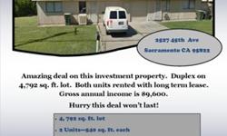 Amazing deal on this investment property. Duplex on 4,792 sq. ft. lot. Both units rented with long term lease. Gross annual income is $9,600.00. Hurry this deal won?t last!!